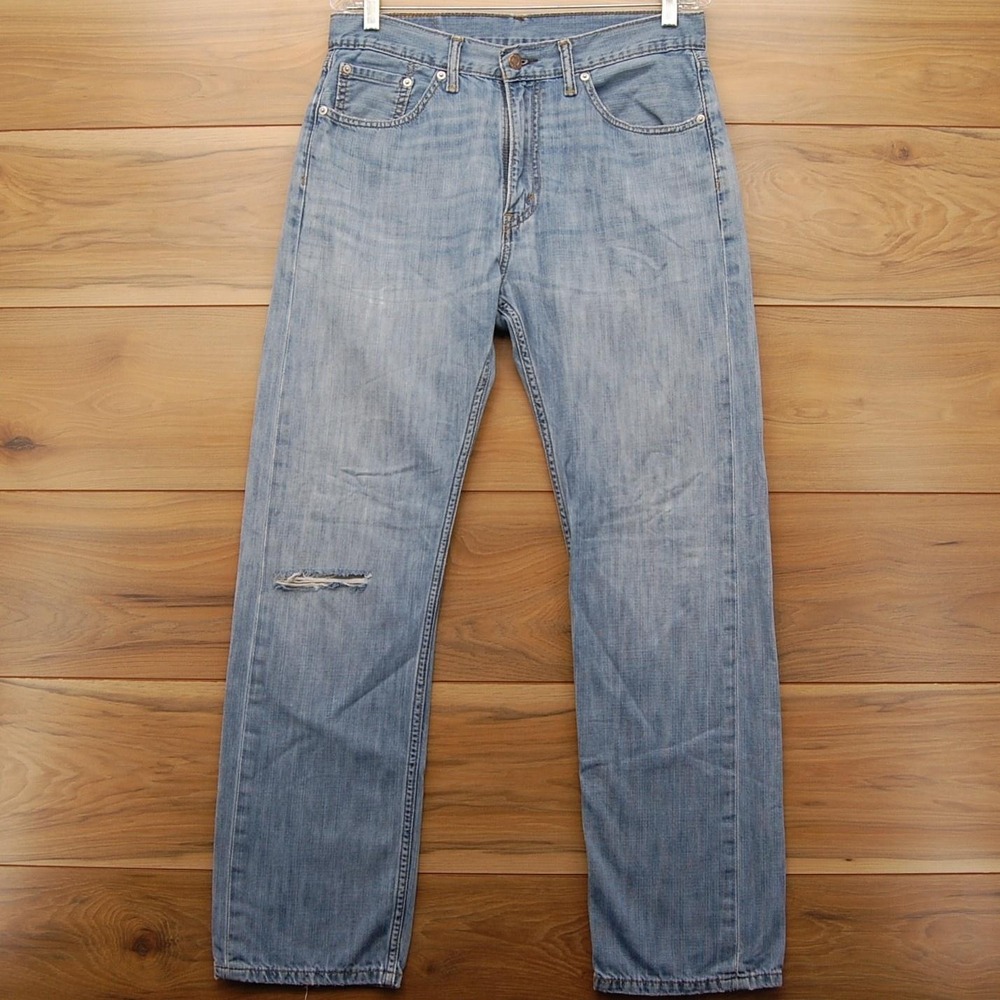 Levis 505 Jeans Mens 33x32 Light Blue Straight Leg Distressed Zip Fly 00505-0235